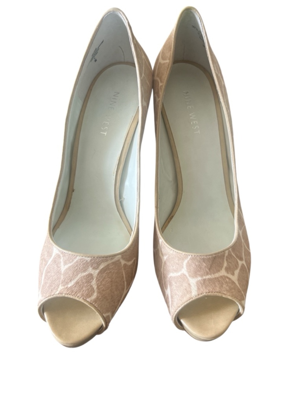 Nine West Tan/White Giraffe Print Peep-Toe Stiletto Heels Size 8M